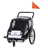 HOMCOM Kinderanhänger 2 in 1 Design Fahrradanhänger mit Aufbewahrungstasche Kinderwagen mit Mesh-Tür Fahne 360° Drehbar Klappbarer Kinderanhänger Metall Oxford Weiß+Schwarz 160 x 83 x 96 cm