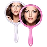 2 Stücke Handspiegel mit Griff Doppelseitiger Handspiegel 1X/3X Vergrößerung, QLFJ-FurDec Transparenter Tragbar Reisespiegel mit Vergrößerung, Runden Make-up-Spiegel für Kinder Frauen (Weiß + Pulver)