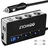 OOWOLF Zigarettenanzünder Verteiler, QC 3.0 180W 12V/24V Zigarettenanzünder Adapter USB Auto Ladegerät, 3 DC Steckdose Splitter 4 USB Anschlüsse KFZ Verteiler für Smartphone, Tablet, GPS, Navi