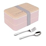 Original Bento Box Brotdose Lunchbox für Erwachsene/Kinder mit Fächern Essensbox Bündel Teiler Japanischer Stil mit Ddelstahl Besteck Löffel und Gabel (Rosa)