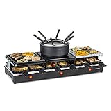 Klarstein Fonduelette XL - 3-in-1 Raclette-Grill & Fondue, 1650 Watt, 3-in-1 Grill: Metall- /Naturstein-/Crêpesplatte, 3 separate Edelstahl-Heizelemente, bis 12 Personen, Antihaftbeschichtung, schwarz