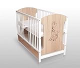 Dedstore-Baby Babybett mit Matratze 120x60 cm Höhenverstellbar - Babybett Komplett Set - Beistellbett Baby Weiß mit Motiv Giraffe - Holz Baby Bett - Kinderbett - Babybetten - Bett Baby - Baby Bed