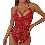 Laonajkd Dessous Damen Sexy Unterwäsche Offener Schritt Body Tiefer V Spitze Halfter Bodysuit Nachtwäsche Erotische Einteiler Negligee Babydoll Reizwäsche, B-Rot, 38-40