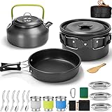 AUHOU Camping Geschirr Set Kochgeschirr Set Outdoor Kochset Töpfen Aluminium mit Teekessel und 3 Sätze Faltbare Edelstahl Besteck Campingtöpfe Set für 3 Personen Outdoor Kochen