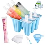 AmzKoi Eisformen Eis am Stiel Silikon, 6 Zellen Eis am Stiel Formen BPA Frei für Kinder, Erwachsen und Baby, Popsicle Formen Set mit Reinigungsbürste und Falttrichter (Blau)