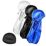 Molain Herren 3 Stück Seiden-Wellenkappe und 1 Stück seidige Durag-Kappen mit langem Schwanz Headwraps Elastische Durags Weiche atmungsaktive seidige Strumpf-Wellen-Haarkappe Perfekt für 360/720