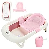 Tubiaz Faltbare Baby Badewanne Babywanne mit Thermometer, Badekissen, Haarwaschbecher, babybadewanne, Babybadewanne mit gestell ab 0-3 Jahre (Rosa)