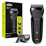 Braun Series 3 Rasierer Herren, 3-in-1-Elektrorasierer, Barttrimmer mit 5 Kammaufsätzen, wiederaufladbarer und kabelloser elektrischer Rasierer, 30 Min Laufzeit, Geschenk Mann, 300BT, schwarz