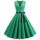 Vintage Cocktailkleider Damen 1950er Ärmellos Petticoat Retro Partykleider A-Line Midi-Kleid Kragen Faltenrock V-Ausschnitt Rockabilly Kleid Swing Abendkleid (M,Grün)