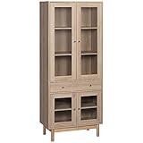 HOMCOM Küchenschrank Hochschrank mit 5 Staufächer und Schublade Vitrinenschrank mit höhenverstellbaren Regalböden Küchenbuffet Esszimmerschrank Kippschutz Spanplatte Glas Eiche 76 x 40 x 183 cm