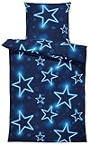 Sterne Bettwäsche 135x200 cm Stern Stars dunkel blau leuchtoptik Mikrofaser Set