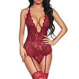 KOEMCY Sexy Dessous Body Damen Sexy Spitze Teddy Reizwäsche Tiefer V-Ausschnitt Unterwäsche Nachtwäsche Erotisch Dessous-Set Babydoll mit Strumpfhaltergürtel-Dessous (Rot, XL)