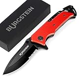 Burgstein® Outdoor Messer „Red Devil“ - Extra Scharfes Taschenmesser mit Edelstahlklinge, 3-in-1 Einhandmesser mit Gurtschneider & Glasbrecher