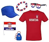 Fanpaket Kroatien T-Shirt Brille Autoflagge Hawaiikette Autoflagge Caxilrola Fanrassel Kappe, (XL)