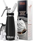 EurKitchen Professioneller Sahnespender 500ml aus Aluminium, Auslaufsicherer Schlagsahne Siphon mit 3 Spritzdüsen und Reinigungsbürste, Sahnebereiter, Sahnesyphon für N2O-Kapseln (Nicht Enthalten)