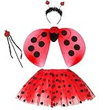 4pcs Marienkäfer Kostüm Mädchen,Ladybug Tüllrock, Flügel, Zauberstab und Haarreif für Halloween Karneval Geburtstag Party