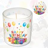 Candelo Hochwertige Geburtstagskerze im Glas Ambiente – Happy Birthday Kerze – 8cm x 7cm - 25 Std Brenndauer – Windlicht ohne Duft – Glaskerze