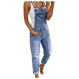 Latzhose Damen Jeans Jeanshose Trägerhose Jumpsuit Hoseanzug Overall Klassisch Denim Ärmellos Latzjeans Playsuits mit Taschen lang Lässig Fraizeithose Denim Overall Lose Jeans-Latzhose Jeanshosen