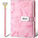 Tagebuch mit Schloss Marmor PU Leder A5 Tagebuch Kombination Schloss Geheimes Personal mit Diamant Stift für Mädchen Frauen Jungen (Rosa)