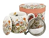 Duo Tee-Tasse Teebecher Set mit Teesieb Edelstahl und Deckel Porzellan Teetasse bauchig mit Sieb Geschenk-Tasse Blumen 430 ml 3teilig Kräuter-Teetasse (Wild Birds)