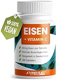 Eisentabletten hochdosiert 180x mit 40 mg Eisen + Vitamin C (40mg) aus Hagebutten - Eisen Tabletten VEGAN mit bioverfügbarem Eisen, hochdosiert aus Eisen-Bisglycinat - ohne unerwünschte Zusatzstoffe