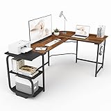 Ulifance L-förmiger Schreibtisch mit Regalen, Umkehrbarer Eckschreibtisch Gaming Schreibtisch mit Kopfhörerhaken Computertisch Laptop PC Tisch für das Heimbüro Groß，Teak+ Schwarz