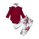 Livingsenburg Baby Mädchen Langarm Red Romper Floral Hose Stirnband 3 Stück Kleinkind Kurzarm Tops Hosen Outfits Set für 0-24 Monate (6-12Monate, F-Rot)