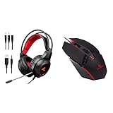 LYCANDER Gaming-Headset mit Mikrofon und LED-Licht, 3,5 mm Eingang, (Essential - Schwarz und Rot) & LMC378 Gaming-Maus, kabelgebunden, Optische USB-Mäuse mit Einstellbarer DPI, 7 Tasten, 1, 5 m Kabel