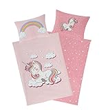 Aminata Kids Biber Kinderbettwäsche Einhorn-Motiv 100x135 rosa Baumwolle mit YKK Reißverschluss, Biber-Bettwäsche Kinder-Baby-Bettwäsche-Set mit Unicorn-Motiv, weich & warm Regenbogen