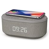 Radiowecker Digital mit USB-Ladegerät, Bluetooth-Lautsprecher, Kabelloses Laden, Wecker Digital Alarm Clock Ladestation mit dimmbares LED-Display – Netzbetrieb Digitaler Wecker ohne Ticken (Grau)