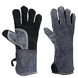 OZERO Hitzebeständig Handschuhe Leder BBQ Grillhandschuhe Feuerbeständig Schweißhandschuhe Arbeitshandschuhe für Kamin Schweißer Ofen Herd Schwarz-grau(35.5CM)