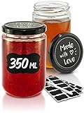 12 Einmachgläser mit Deckel 350ml - Mit Etiketten & Stift - Luftdicht - Spülmaschinenfest - Ideal zum Verschenken