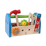 Hape Werkzeugkasten aus Holz mit Zubehör | farbenfrohe Werkbank Hammerspielset für Kinder, Problemlösung, Rollenspiel, 17-teilig