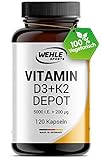 Vitamin D3 K2 Depot 120 Kapseln Hochdosiert 5.000 IE Vitamin D3 + 200 µg Vitamin K2 MK7 All Trans – Ohne Zusätze, Hergestellt in DE.