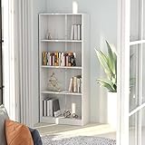 Bücherregal mit 4 Fächer, Standregal Leiterregal Bücherschrank für Arbeitszimmer, Wohnzimmer, Büro, Hochglanz-Weiß 60 x 24 x 142 cm Spanplatte