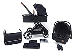 Pixini Kinderwagen Lania 3in1 Kombikinderwagen, inkl. Babywanne & Buggy & Auto-Babyschale & Wickeltasche/Cupholder/Regenschutz/Adapter (schwarz)