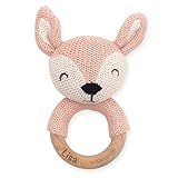 Beißring Greifling Rassel Holz und Strick mit Lasergravur und Name | Handmade Babyspielzeug | Babygeschenk zur Geburt für neugeborene | Reh in Rosa (Pale Pink)