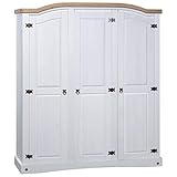 Gecheer Kleiderschrank Mexiko-Stil Kiefer Garderobenschrank Schlafzimmerschrank Dielenschrank Corona 3 Türen Weiß 151,6 x 52 x 170 cm