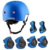 Skateboard Helm Kinder, COOLGOEU 7 in 1 Protektorenset Kinder mit Knieschoner, Ellenbogenschoner und Handgelenkschoner für Inlineskates, Skateboard, Hoverboard, Fahrrad, BMX-Fahrrad (Blau)