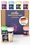 Bodypainting Farben - 8x Coole UV Farbe Körperfarbe MADE IN GERMANY - Schwarzlicht Farbe, Neon Farbe Haut und Gesicht leuchtet Tag & Nacht - Schminke Body Paint von UVibe - Body Painting Farbe Körper