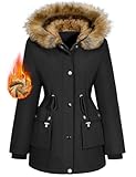 Lonya Winterjacke Damen Parka Winter Mäntel Fleecejacke Warm Mittellang Wasserabweisend Dicke Coat mit Kapuze Schwarz,L