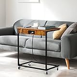 C Couch Beistelltisch mit USB Anschlüssen und Ausgängen Mobile C Form Snack Tisch für Sofa Beistelltisch Laptop Beistelltisch mit Ladestation für Nachttisch Wohnzimmer, Bauernhaus braun