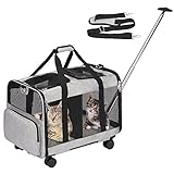 FASNATI Transporttasche mit Zwei Fächern und Abnehmbaren Trolley für Katze / Hund, Tragetasche mit Rollen für 2 Katzen / Hunde, Super Belüftetes Design, ideal für Reisen/Spaziergänge/Camping, Grau