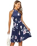 OUGES Damen Sommerkleid Neckholder Ärmellos A-Linie Kleider Blumenmuster Baumwolle Kleid Knielang Cocktailkleid（Floral-40，M）