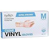 ForPro Einweg-Vinylhandschuhe, transparent, Industriequalität, puderfrei, latexfrei, unsteril, lebensmittelecht, 2,75 mm Handfläche, 3,9 mm Finger, Medium, 100 Stück