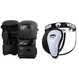 Venum Challenger 3.0 MMA Sparring Handschuhe, Schwarz/Schwarz, M & Unisex dybdebeskyttelse hallenger Tiefschutz, Schwarz/Weiß, M EU