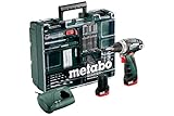 Metabo 600080880 Akku-Bohrschrauber klein PowerMaxx BS Basic Set 10,8V, 2x 2Ah Li-Ion Akkus, inklu. Ladegerät, im Koffer, mit 64-teiligem Zubehör-Set, max. Drehmoment: 17Nm (weich)/ 34Nm (hart)