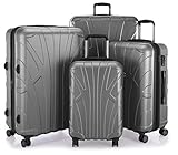 Suitline – 4er Set aus Handgepäck, mittelgroßer Koffer, großer Hartschalen-Koffer, übergroßer Reisekoffer Trolley Rollkoffer, TSA, 100% ABS Matt, Silber