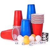 OSDUE Bierpong Cups Set, Beer Pong Becher mit 54 Spielkarten, Bierpong Becher, für Weihnachten Geburtstag Festivals Hochzeit(60 Becher 480ml + 10 Bällen + 10 Würfel)