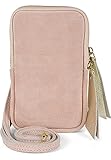 styleBREAKER Damen Leder Handy Umhängetasche aus weichem Veloursleder, Reißverschluss, Echtleder Mini Bag 02012373, Farbe:Altrose